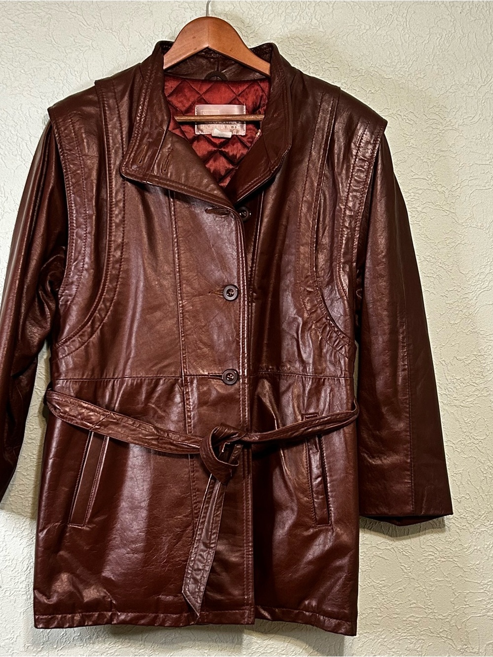 Vintage Sears Brown Leather Belted Coat Sculptural Shoulder Detail